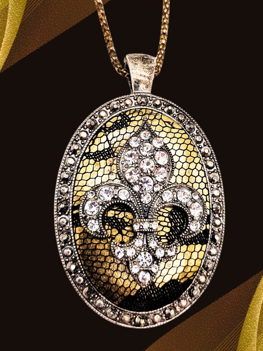 Fleur de Lis Rhinestone Statement Necklace Gold Snakeskin Oval Pendant